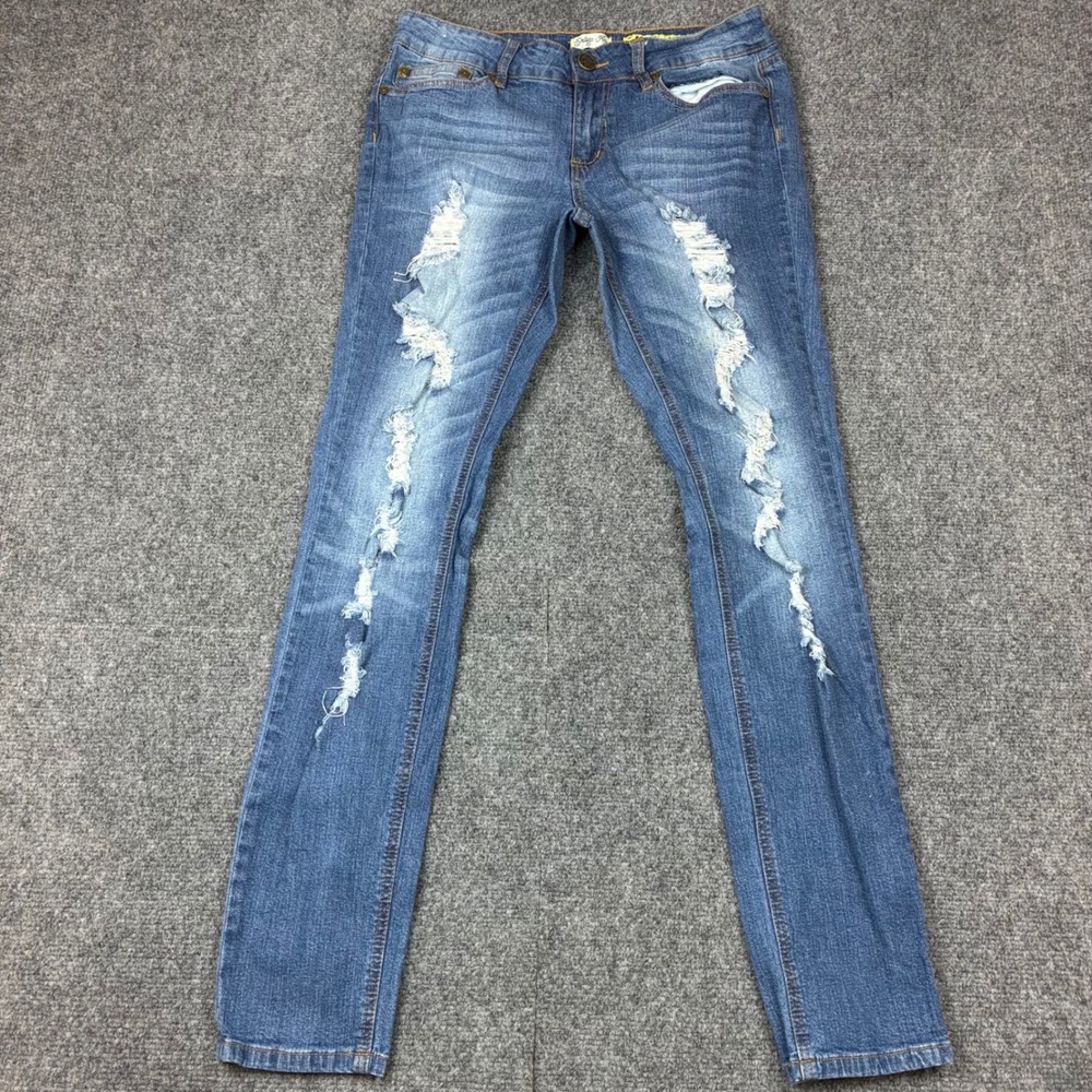 Indigo Rein Skinny Jeans Womens 11 Medium Wash Distressed Ripped Stretch Denim